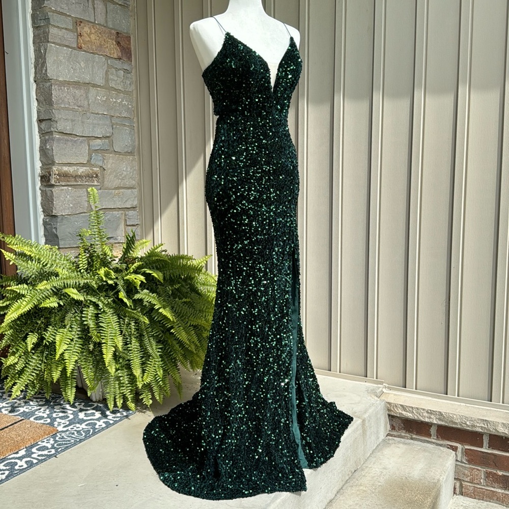 Stunning Hunter Green Sequin Gown with Lace-Up Back, Size 2